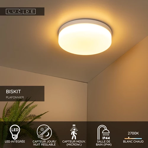 Lucide BISKIT - Plafonnier Salle de bains - Ø 34,5 cm - LED - 1x24W 2700K - IP44 - Détecteur De Mouvement - Blanc - USP